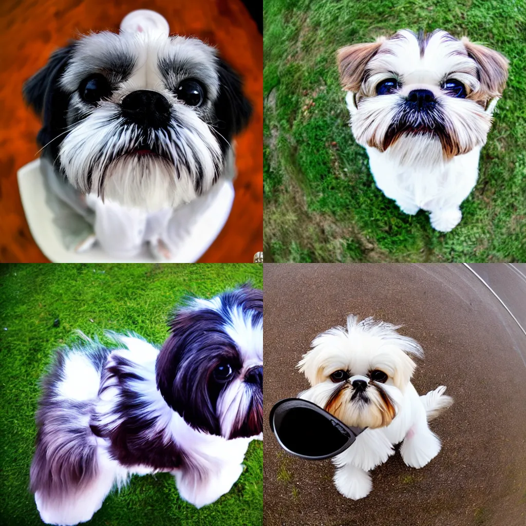 Prompt: extreme fisheye lens photo of a shih tzu terrier dog