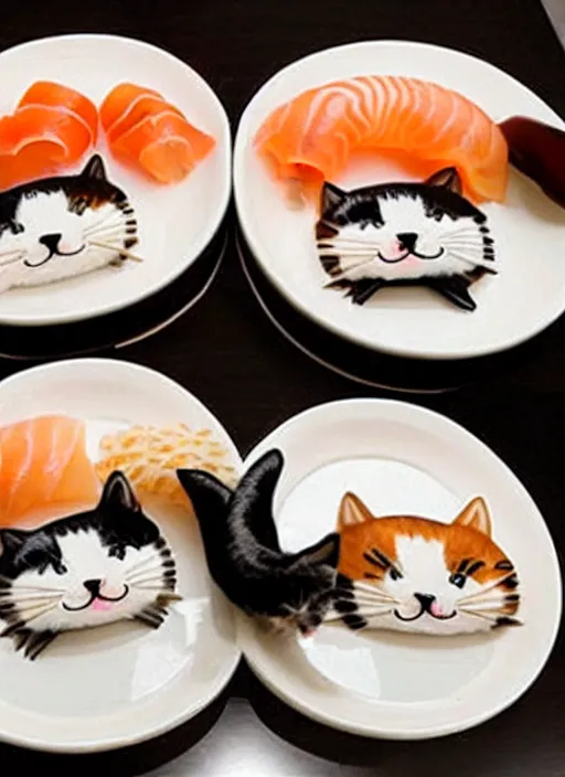 Image similar to clear photorealistic picture of adorable cats made out of sushi, sitting on sushi plates, additional sushi