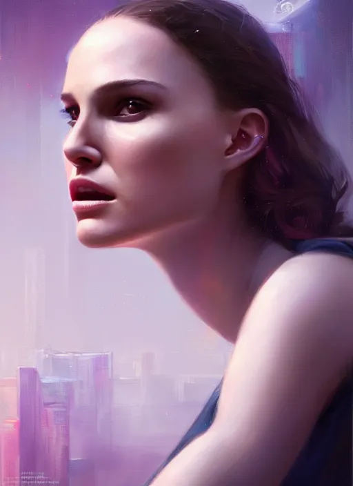 Prompt: natalie portman as a girl sitting on a rooftop, cyberpunk, medium shot, realistic detailed face, by charlie bowater, by wlop, by jeremy lipking, expressive oil painting, portrait, digital art