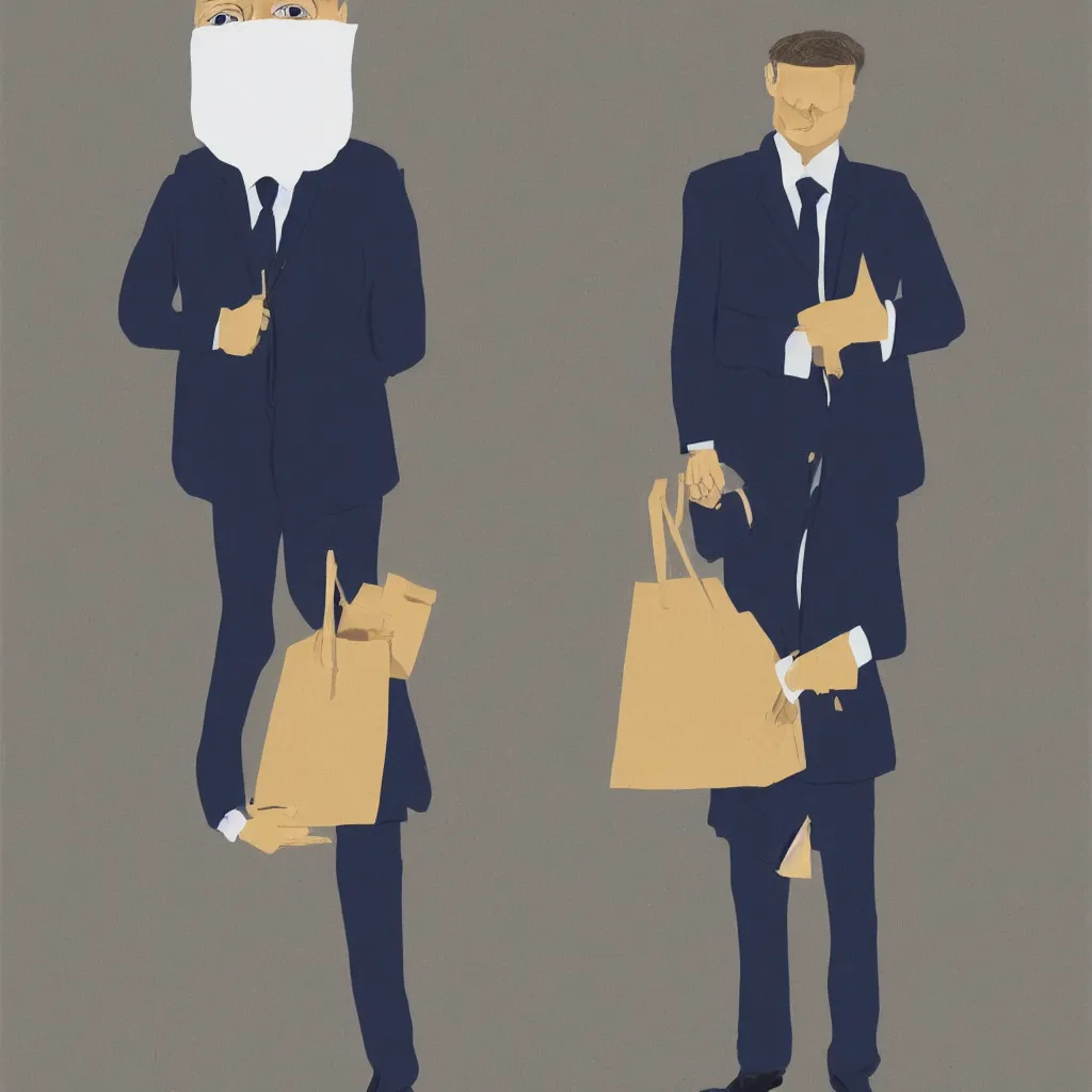 Image similar to Man in a business suit with a bag covering his head, by David Shrigley