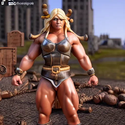 Image similar to a handsome bodybuilder viking girl with blond hair, clash royal style characters, unreal engine 5, octane render, detailed, cinematografic, cinema 4 d