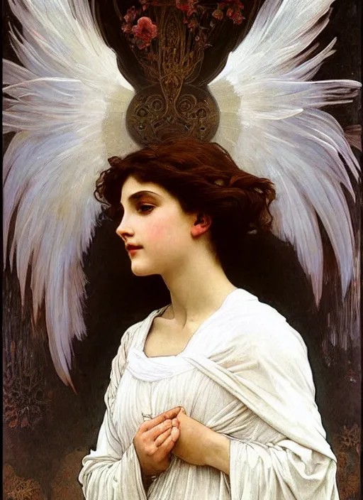 Image similar to painting of a beautifully robed angel with huge white feather wings, intricate, elegant, hyperdetailed, by alphonse mucha and william - adolphe bouguereau and john william waterhouse