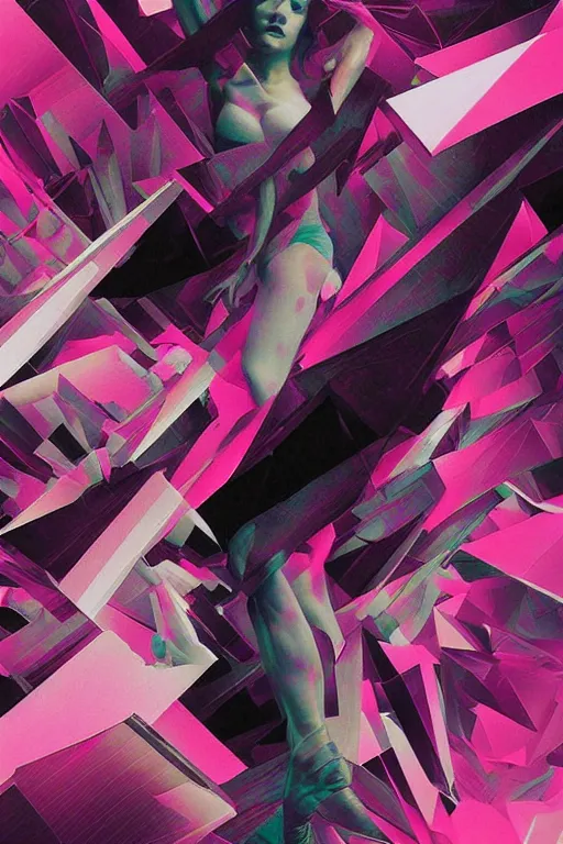 Image similar to wideangle action, a wild beautiful ballet techno dancer among shards of reality, madness, decoherence, synthwave, glitch!!, fracture, vortex, realistic, hyperdetailed, concept art, art by lsd, cubism