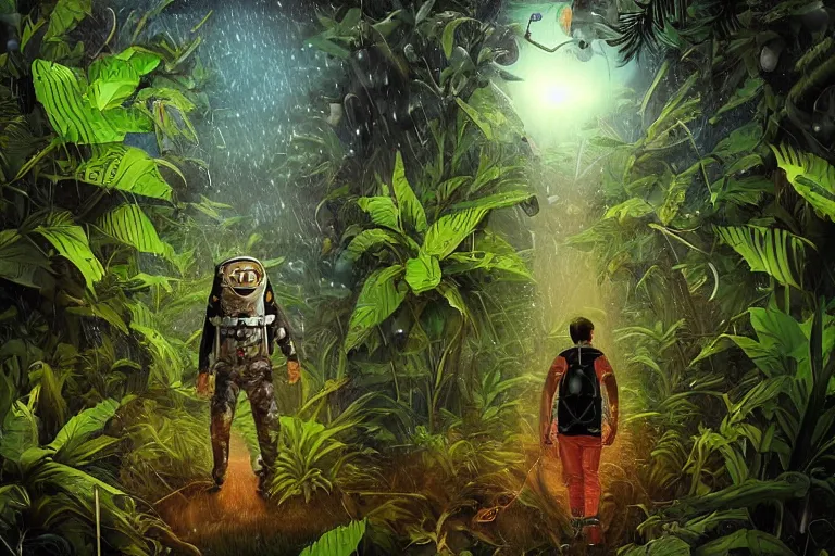 Image similar to digital art of a surreal jungle, astronaut walking, mysterious crazy world, talking creatures, raining at night, fireflies