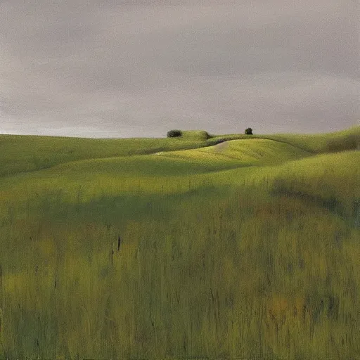 Image similar to “a soft prairie landscape during august, late afternoon, bushes in distance, in the style of Andrew Wyeth, muted colours”