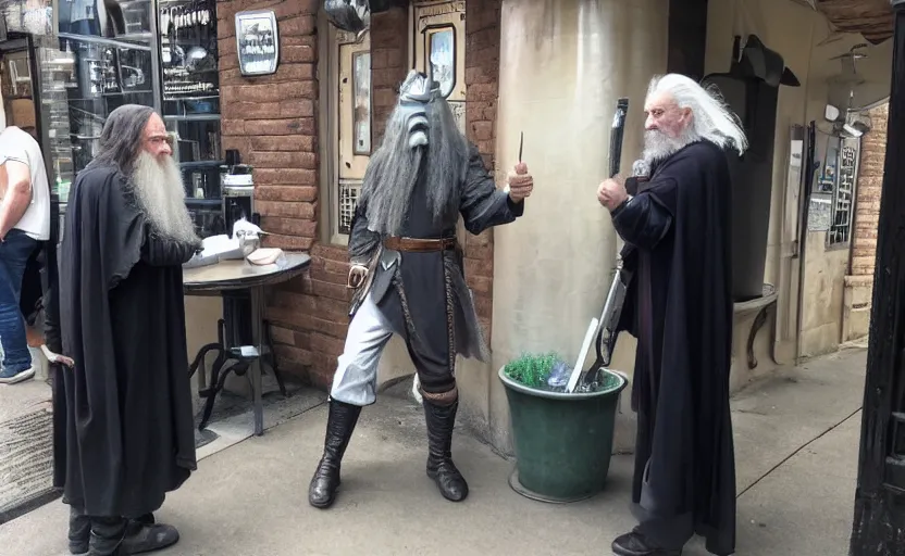 Prompt: Gandalf and Robocop doing business outside of the bar, photographic