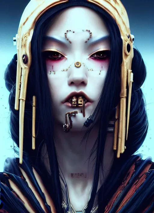 Image similar to soft lustrous ivory ebony geisha raver gutter punk gothic steampunk cyborg, golden ratio, details, scifi, fantasy, cyberpunk, intricate, decadent, highly detailed, digital painting, octane render, artstation, concept art, smooth, sharp focus, illustration, art by artgerm, loish, wlop