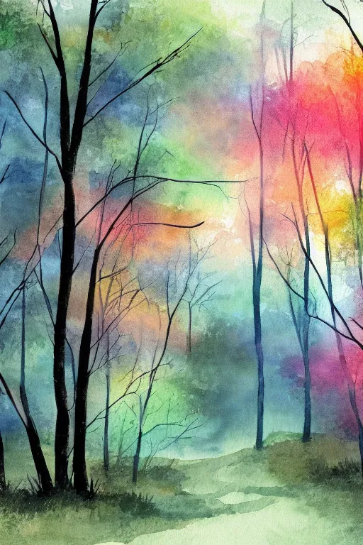 Image similar to landscape background image, forest, watercolor, muted colors, wallpaper