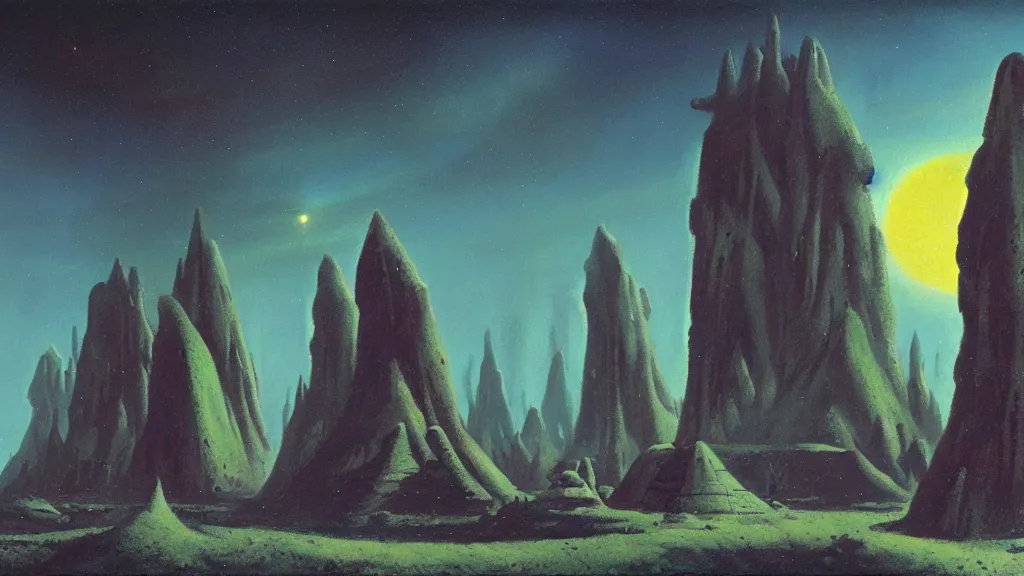 Image similar to mysterious monuments of an alien civilization by paul lehr and john schoenherr, cinematic matte painting