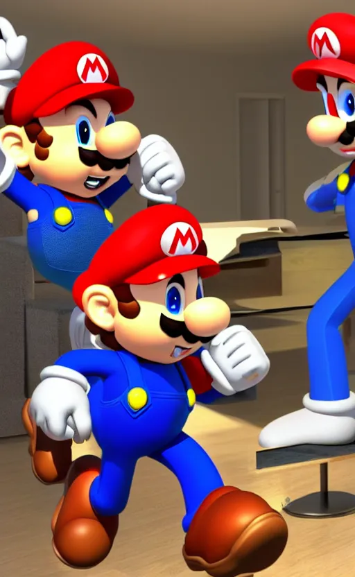 Image similar to a 3 d render of mario and sonic playing computer games together in a student apartment