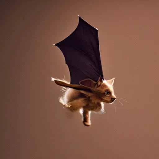 Image similar to a bat kitten flying, Canon EOS R3, telephoto, very detailed, 4k