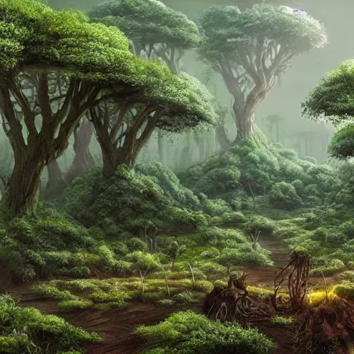 Prompt: A lush green ancient fantasy forest on mars, with large trees and beautiful life, high details, realistic art.