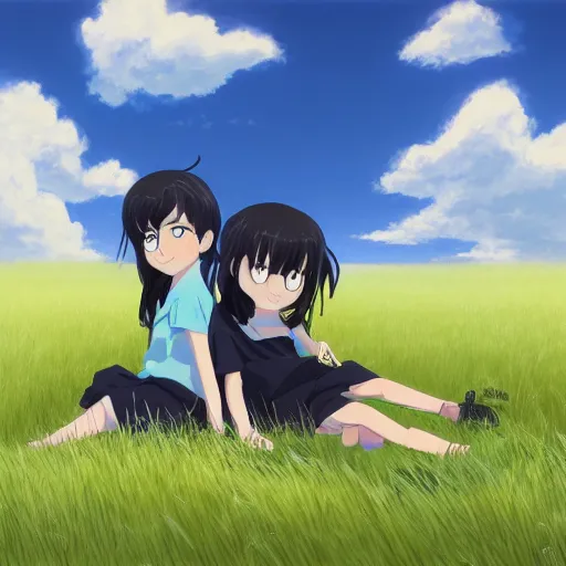 Prompt: beautiful, detailed digital painting of two black-haired children sitting on a grass field looking at the clouds, anime by Makoto Shinkai, trending on artstation