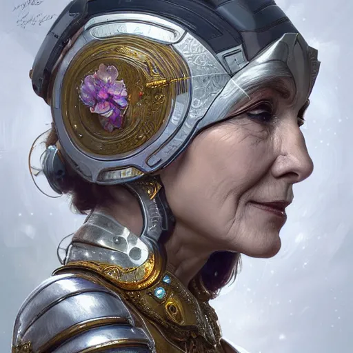 Image similar to portrait of an pretty old woman in a platinum armor, intricate, headshot, highly detailed, digital painting, artstation, concept art, sharp focus, cinematic lighting, illustration, art by artgerm and greg rutkowski, alphonse mucha, cgsociety