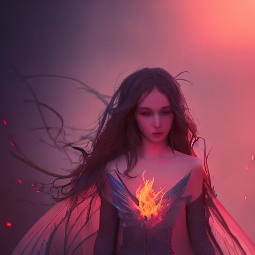 Image similar to young vampire princess with burning wings 4 k high definition gorgeous dramatic lighting artstation trending path traced contrast light and dark cinematic breathtaking by christensen, james c.