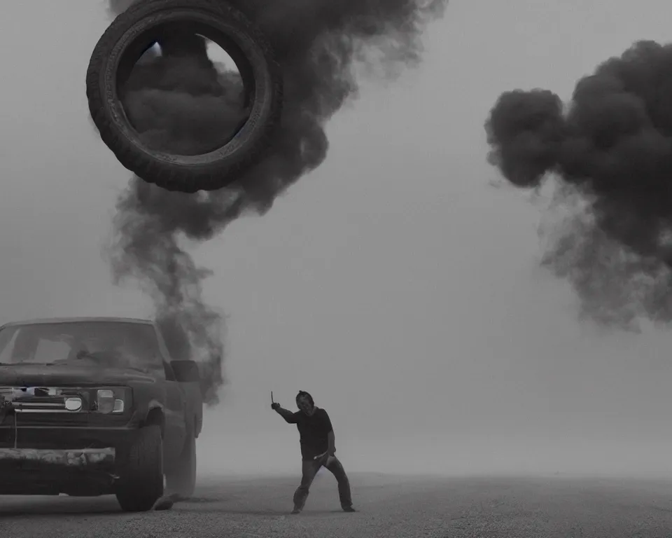 Prompt: a horror movie poster featuring a tire in a smokey desert