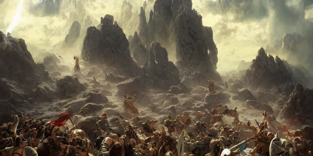 Image similar to barbarians, norse gods, fighting epic battle on rocks floating in the sky, celestial fortress in the clouds, thunder, good composition, artstation, 4 k illustration sharp focus cloceup sunlit painted by ruan jia raymond swanland lawrence alma tadema zdzislaw beksinski norman rockwell tom lovell alex malveda greg staples