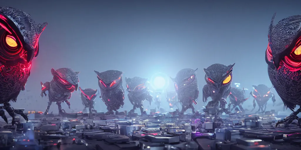 Prompt: an army of evil, malevolent, giant cyborg owls surrounded by computers and computer screens. this 4 k hd image is trending on artstation, featured on behance, well - rendered, extra crisp, features intricate detail and the style of unreal engine. volumetric lighting octane render