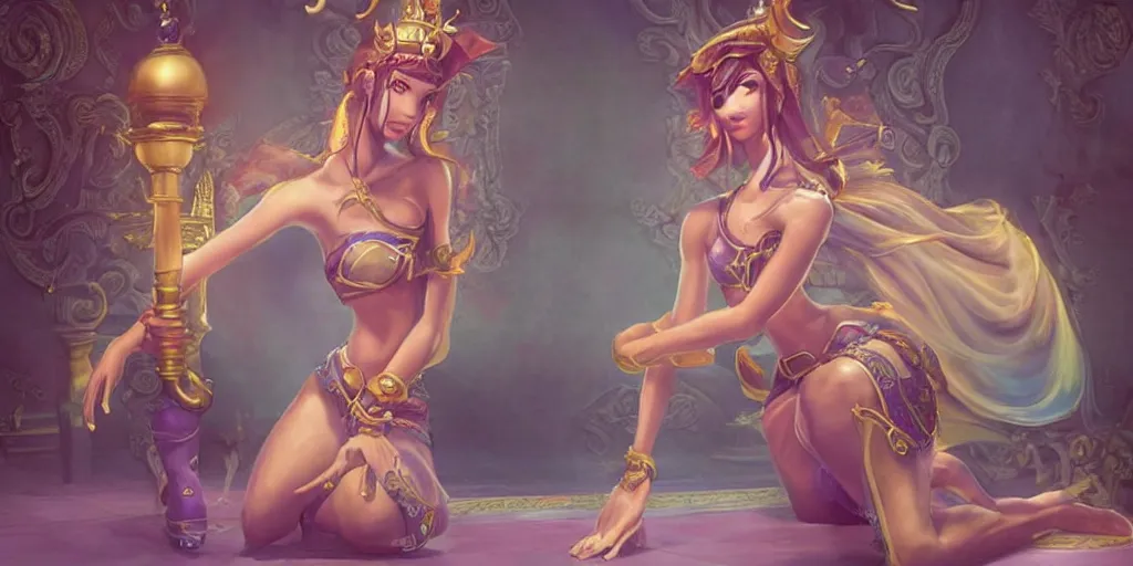 Prompt: beautiful genie girl, kneeling in the palace room, beautiful elegant body, accurate body proportions, accurate facial details, epic fantasy, mysterious ambient lighting, digital art, fantasy vibes, style of final fantasy and kingdom hearts