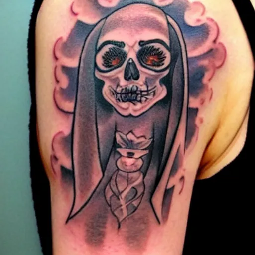 Grim reaper tattoo, scary death or demon monster with scythe blade, vector.  Death skull or skeleton ghost with scythe in fire flames, gothic horror  devil face with red eyes for tattoo Stock