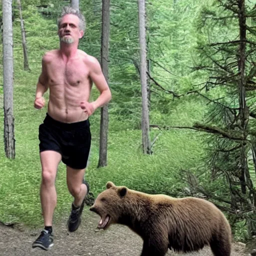 Prompt: jordan peterson shirtless and running from a bear