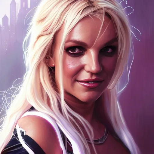 Image similar to beautiful britney spears as spider - gwen, western, closeup, d & d, fantasy, intricate, elegant, highly detailed, digital painting, artstation, concept art, matte, sharp focus, illustration, art by artgerm and greg rutkowski and alphonse mucha