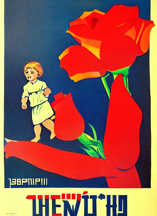 Prompt: soviet propaganda poster of phrase'tend to the flowers ', socialist realism