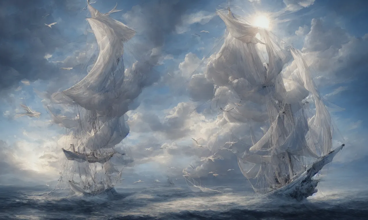 Image similar to a beautiful digital painting of a white caravel in the clouds, birds flying in the sunlight, numerous intricated sails, blue sky at sunset, elegant, highly detailed, artstation, concept art, matte, sharp focus, art by tom bagshaw, kelogsloops and greg rutkowski