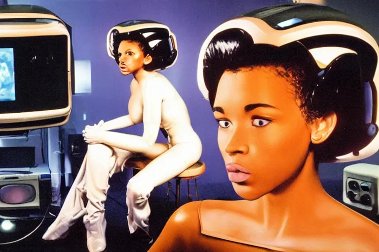 Prompt: beautiful woman robot sitting on a galaxy toilet, from 1985, bathed in the glow of a crt television, crt screens in background, low-light photograph, in style of Tyler Mitchell