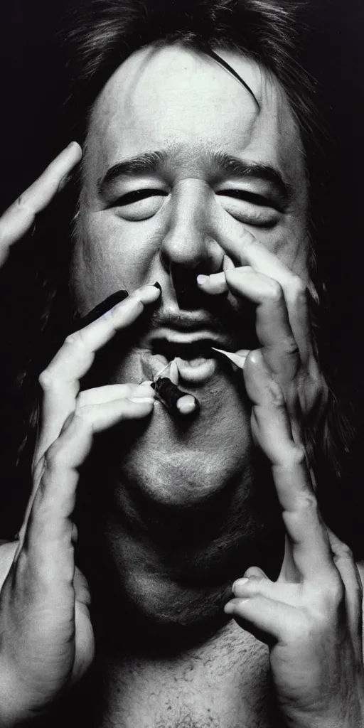 Image similar to award winning photo of bill hicks SNORTING SMOKING TRIPPING, vivid colors, happy, symmetrical face, beautiful eyes, studio lighting, wide shot art by Sally Mann & Arnold Newman