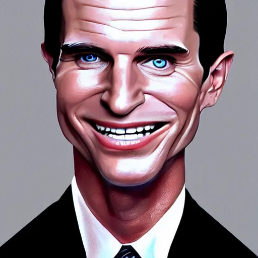 Image similar to Caricature portraits done of Patrick Bateman, realistic, hyperrealistic, very realistic, highly detailed, very detailed, extremely detailed, detailed, oil painting, digital art, trending on artstation