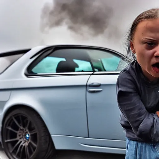 Image similar to close - up of angry greta thunberg with a bmw m 3 e 3 0 in the background, spewing black smoke from it's exhaust