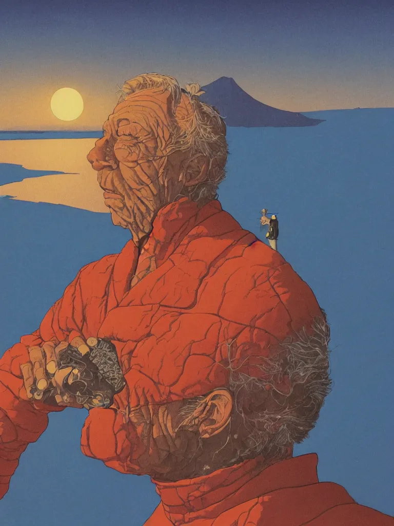 Image similar to a closeup portrait of an old man taking mind altering drugs, a blotter paper of lsd acid and dreaming psychedelic hallucinations in the vast icy landscape of antarctica, by kawase hasui, moebius, edward hopper, colorful flat surreal design, dramatic lighting, hd, 8 k, artstation