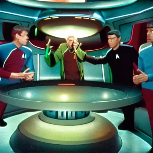 Prompt: Star Trek Engeneers smoking bongs by the warp core reactor, tv still, 4k,