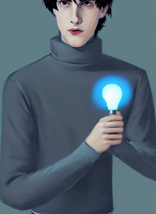 Image similar to portrait of teenage jughead jones wearing a light grey crown, crown, light grey crown, blue turtleneck, 1 9 5 0 s, closed eyes, intricate, elegant, glowing lights, highly detailed, digital painting, artstation, concept art, smooth, sharp focus, illustration, art by wlop, mars ravelo and greg rutkowski