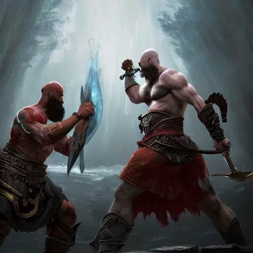 Image similar to Kratos fighting with Zeus in hellheim, God of War, extremely detailed digital painting, in the style of Fenghua Zhong and Ruan Jia and jeremy lipking and Peter Mohrbacher, mystical colors, rim light, beautiful Lighting, 8k, stunning scene, raytracing, octane, trending on artstation