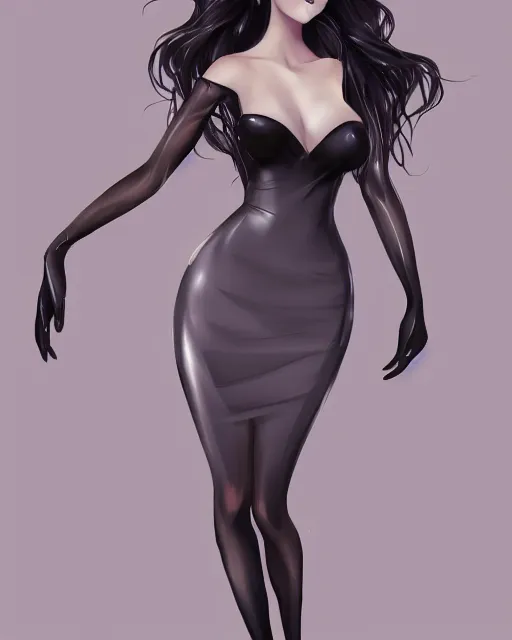Prompt: A frontal fullbody painting of a beautiful brunette witch and wearing a cute translucent black dress looking at the viewer, elegant, delicate, stunning, soft lines, feminine figure, higly detailed, ultraHD, 8k, smooth , pixiv art, cgsociety, artgem, high quality, digital illustration, concept art, masterpiece