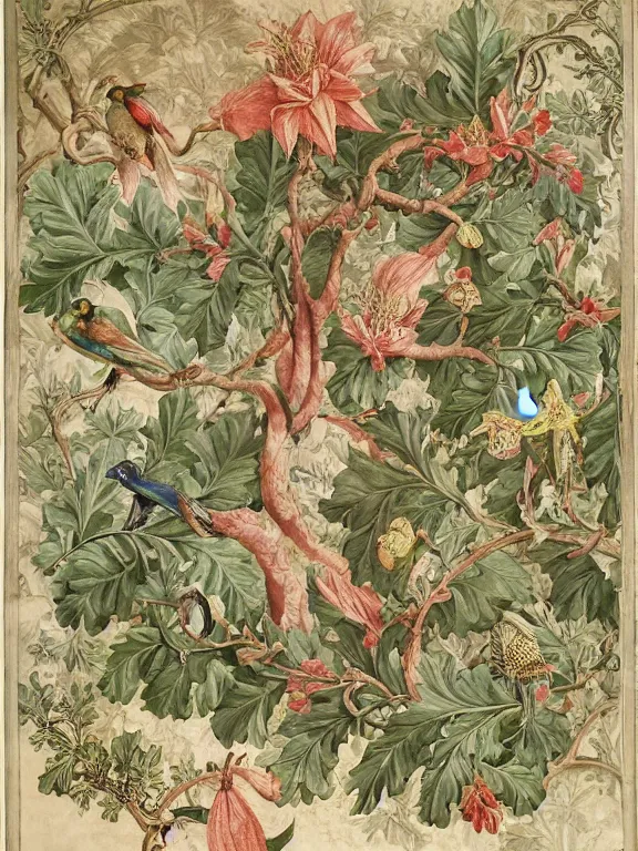 Image similar to a beautiful render of an elaborate arabesque motif, adorned with exotic birds, berries, flowers, swirling vines, datura blossoms, by Raphael, William Morris, and Antoine Watteau, hyperreal