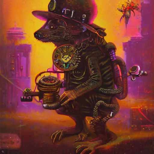 Image similar to steampunk rat, acid, 303, psychedelic, by paul lehr