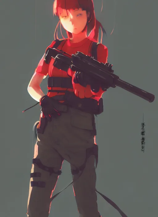 Prompt: a girl with red sports clothes, airsoft mask, reflective lens, softair center landscape, illustration, concept art, anime key visual, trending pixiv fanbox, by wlop and greg rutkowski and makoto shinkai and studio ghibli and kyoto animation, airsoft cqb, short hair, airsoft electric pistol, realistic anatomy