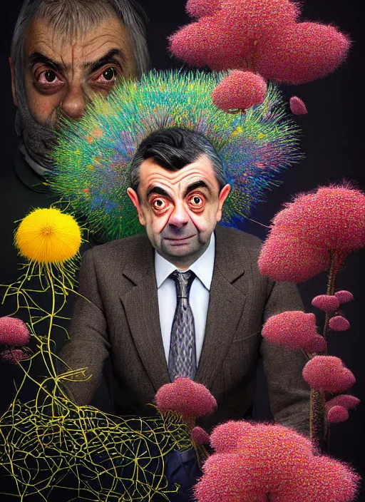 Prompt: hyper detailed 3d render like a Oil painting muted colors - slightly silly portrait of Rowan Atkinson cross eyed as Mr. Bean in Aurora seen tickling of the Strangling network of yellowcake aerochrome and milky Fruit and Her delicate Hands hold of gossamer polyp blossoms bring iridescent fungal flowers whose spores black the foolish stars by Jacek Yerka, Mariusz Lewandowski, Houdini algorithmic generative render, Abstract brush strokes, Masterpiece, Edward Hopper and James Gilleard, Zdzislaw Beksinski, Nicoletta Ceccoli, Wolfgang Lettl, hints of Yayoi Kasuma, octane render, 8k