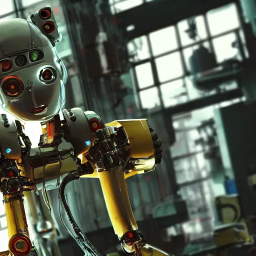 Image similar to a closeup shot of a robot being repaired in factory,cyberpunk,2077,big mecha,gundam,realistic,8k