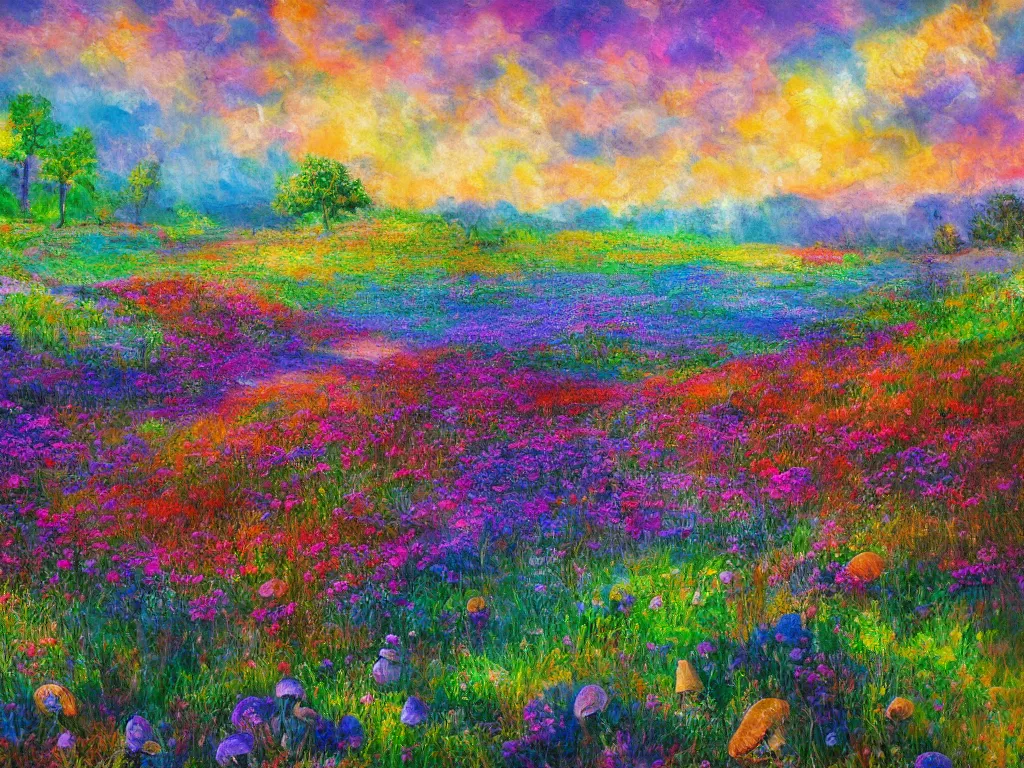 Image similar to an impressionist painting of a gorgeous meadow filled with colorful mushrooms with a stream flowing through it, psychedelic colors, colorful sky in background, high detail, trending on artstation