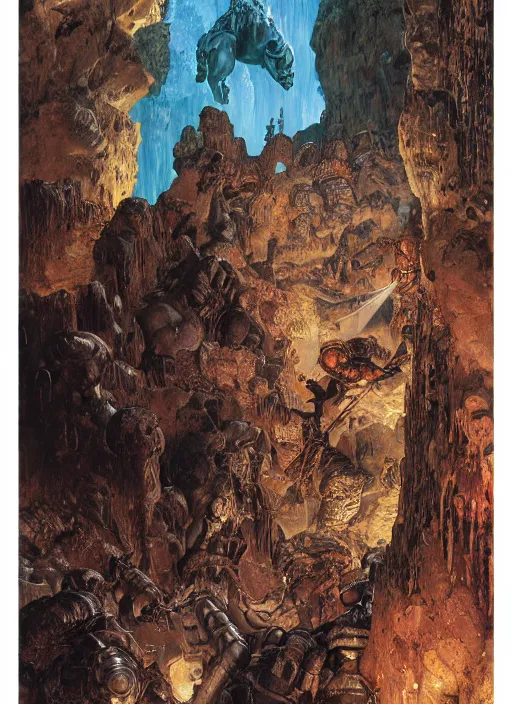 Image similar to metal armoured beast in cave, lava flows, fire, dynamic action, by lawrence alma - tadema and zdzislaw beksinski and norman rockwell and jack kirby and tom lovell and greg staples