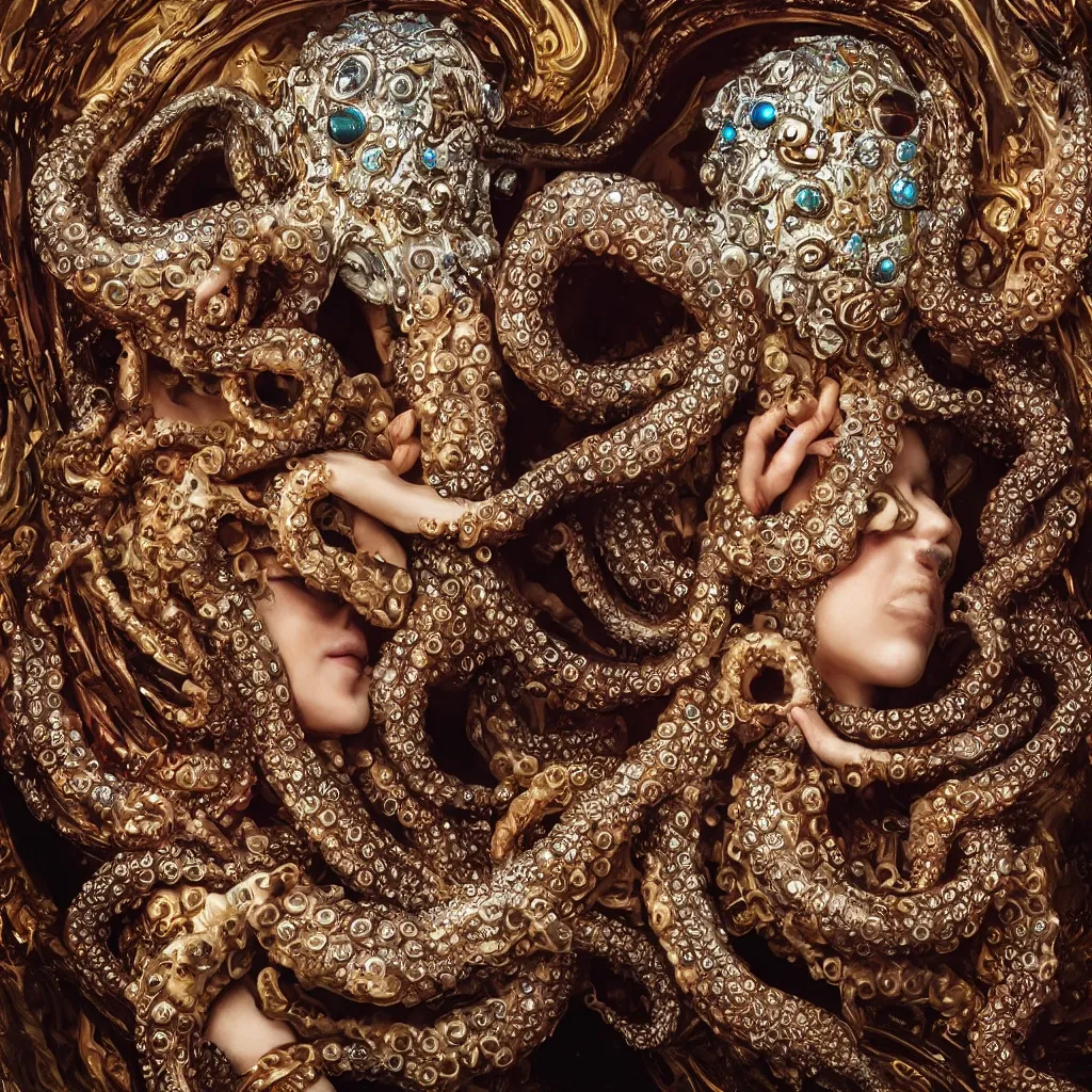 Image similar to a high-resolution color-chrome extreme closeup portrait photo of a octopus kissing a incredible elegant pale renaissance rococo Queen, with ornate jewelled, rococo Queen, sci-fi, high-tech, beautiful low light, style Steve McCurry Octane render 8k