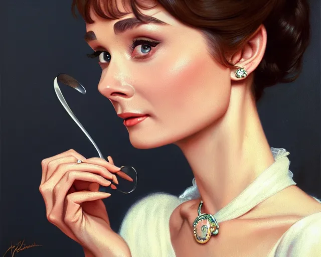 Image similar to photography of audrey hepburn in breakfast at tiffany's, deep focus, intricate, elegant, highly detailed, digital painting, artstation, concept art, matte, sharp focus, illustration, art by artgerm and greg rutkowski and alphonse mucha