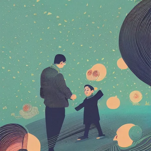 Image similar to a son admiring his father, joyful, illustration by victo ngai, studio muti, malika favre