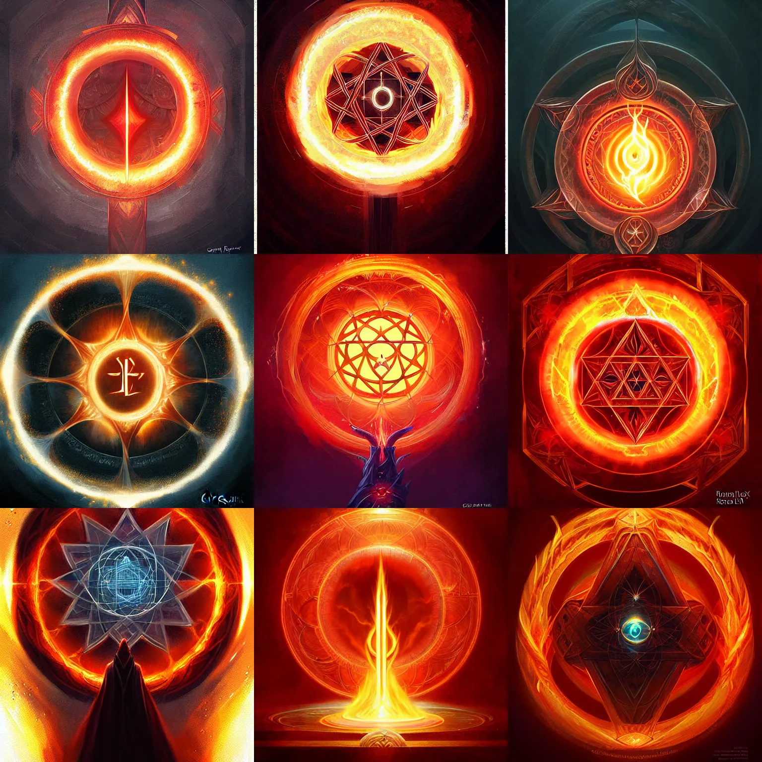 Prompt: holy flame spell, elden ring, sacred geometry, digital painting art, fantasy game spell symbol, by greg rutkowski