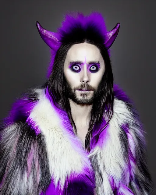 Image similar to Jared Leto with Wolf Eyes, goat ears, and purple fur, wearing Haider Ackerman, Rick Baker Style makeup, photo-real, Artstation, in the style of Annie Leibovitz