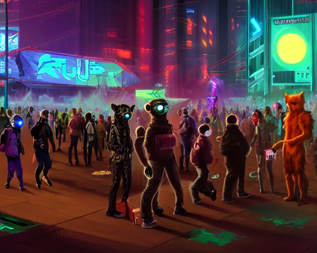 Image similar to high - resolution photograph from a cyberpunk era furry fandom convention ( midwest furfest 2 0 4 7 ), taking place after the genetic revolution and quantum singularity. photorealistic.